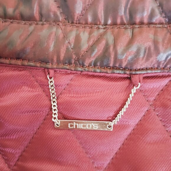 NEW Chico's Women's Deep Red Long Quilted Animal-Print Coat Size 1 US Size 8/10 - Picture 11 of 16